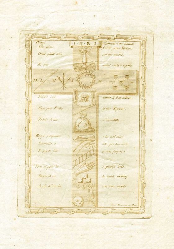 Incisione in rame a leggero inchiostro seppia. Raffigurazione della crocifissione.
