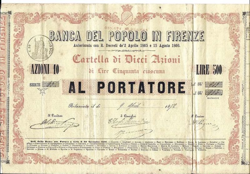 Insieme di tre azioni al portatore. (Valore di Lire 50 …