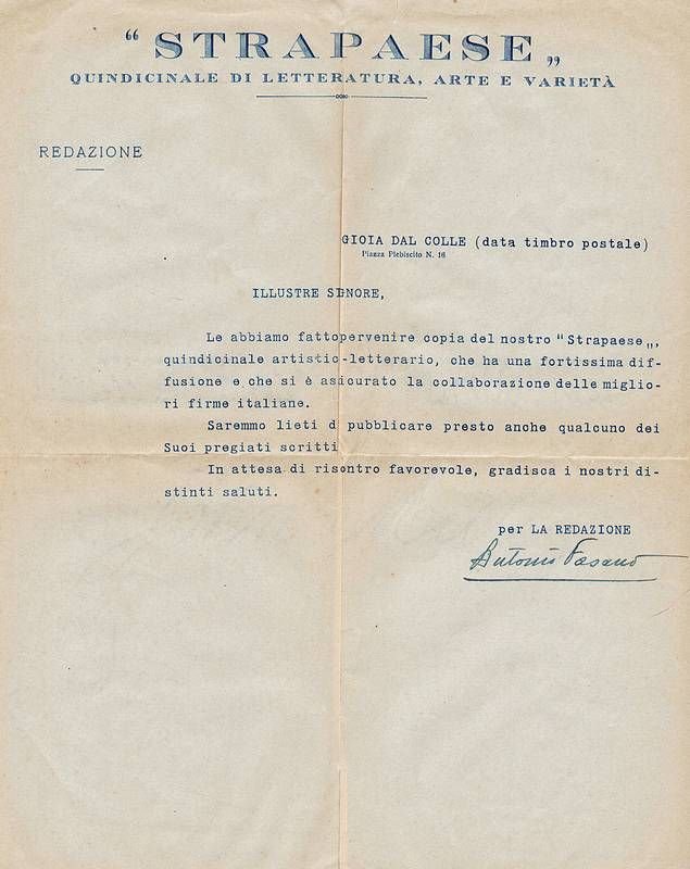 Lettera dattiloscritta con firma autografa.