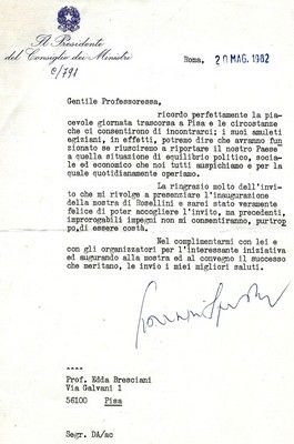 Lettera dattiloscritta firmata a Edda Bresciani. Carta intestata 'Il Presidente …