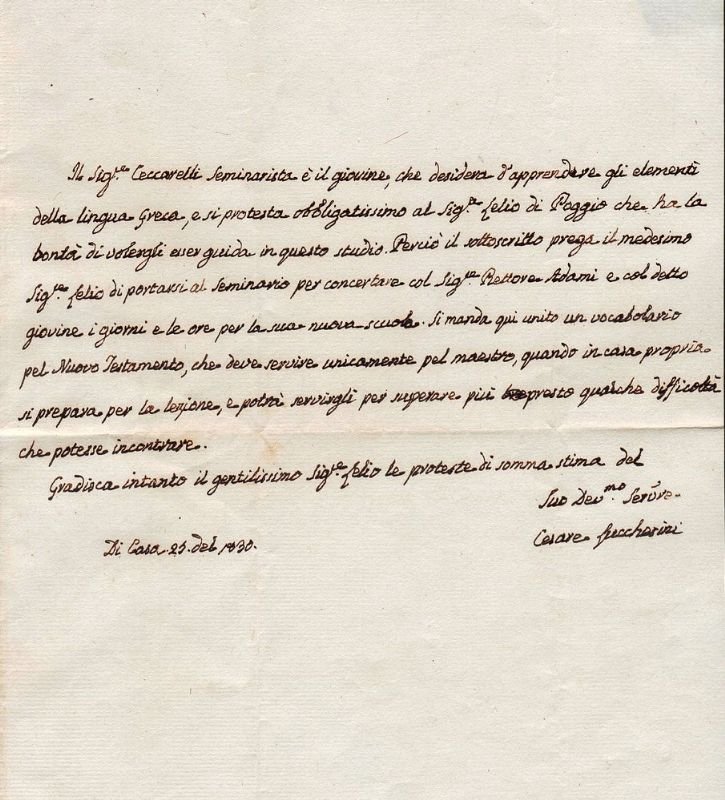 Lettera manoscritta e firmata, inviata a Lelio Di Poggio. Raccomandazione …