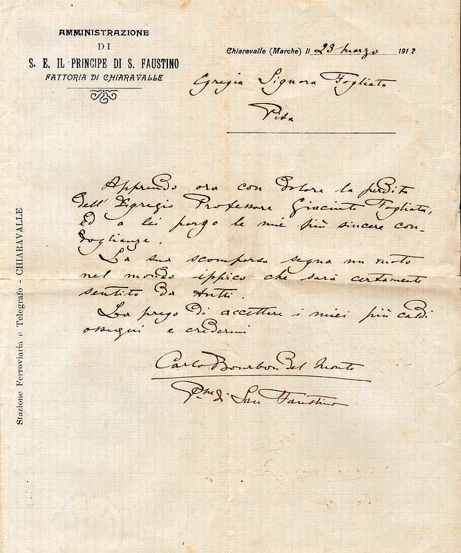 Lettera per condoglianze autografa, firmata.