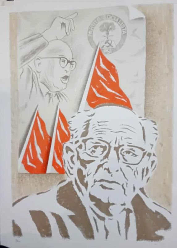 Litografia a tre colori con in primo piano il ritratto …