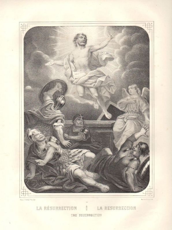 Litografia raffigurante il Cristo che siinnalza dal sepolcro.