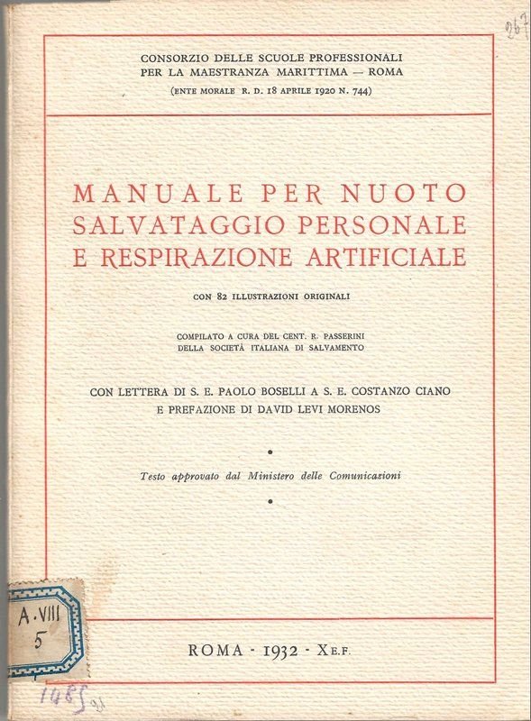 Manuale per nuoto, salvataggio personale e respirazione artificiale.