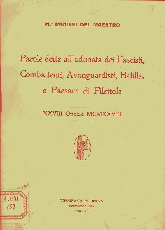 Parole dette all'adunata dei Fascisti, Combattenti, Avanguardisti, Balilla e Paesani …