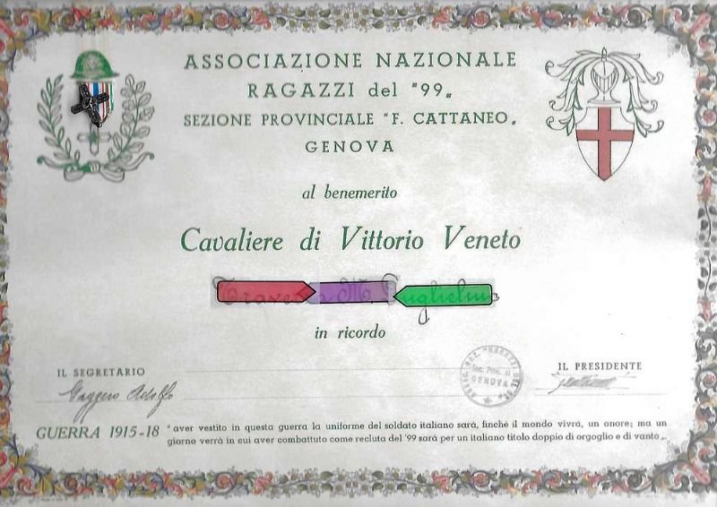 Sezione provinciale 'F. Cattaneo' Genova - Al benemerito Cavaliere di …
