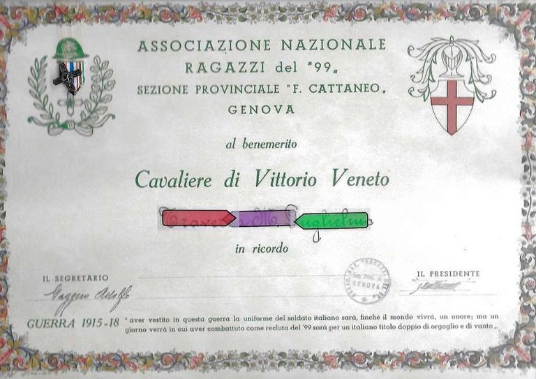 Sezione provinciale 'F. Cattaneo' Genova - Al benemerito Cavaliere di Vittorio Veneto.