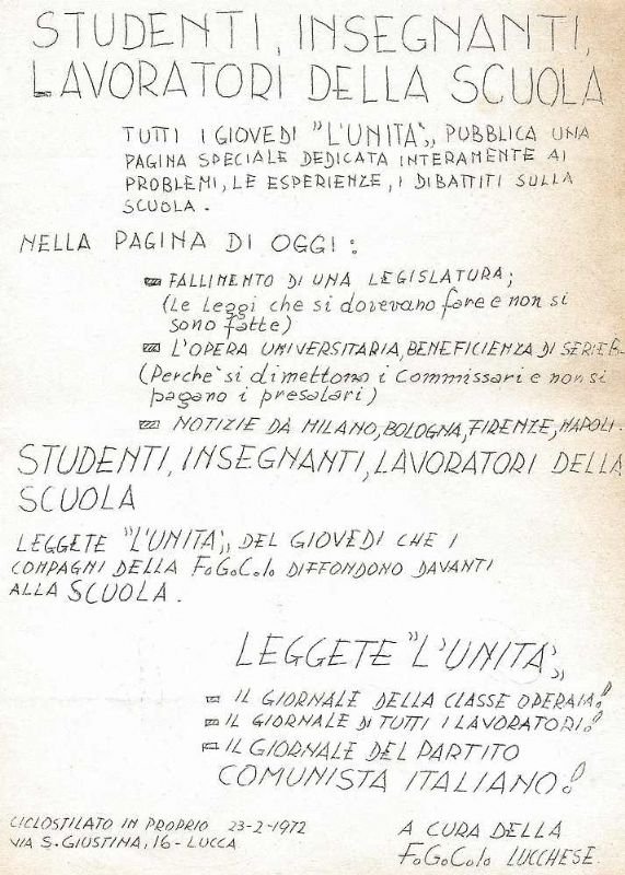 Studenti, insegnanti, lavoratori della scuola. (Invito ala lettura dell'Unità').