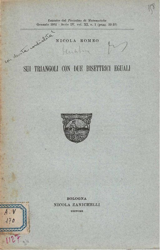 Sui triangoli con due bisettrici eguali. (Estratto).