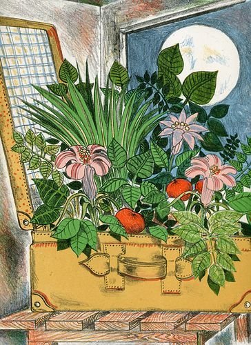 (Valigia con fiori). Litografia originale a colori.