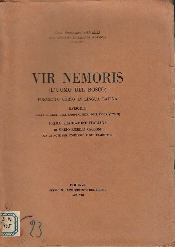 Vir Nemoris (L'Uomo del bosco-Poemetto corso in lingua latina (Testo …