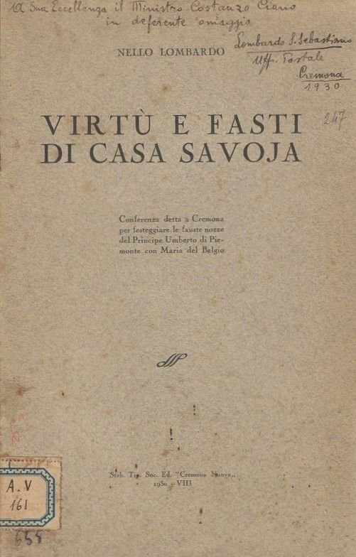 Virtù e Fasti di Casa Savoia. (Coferenza detta a Cremona …