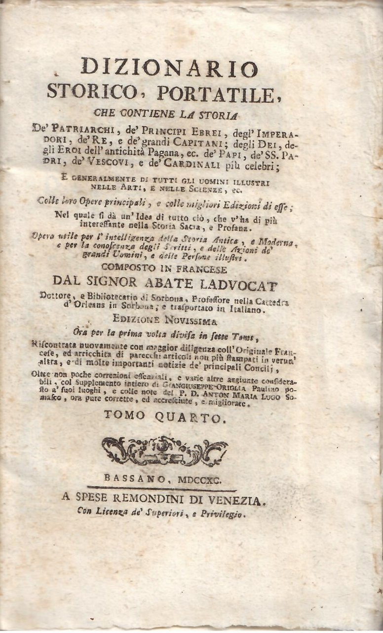 DIZIONARIO STORICO PORTATILE CHE CONTIENE LA STORIA DE' PATRIARCHI, DE …
