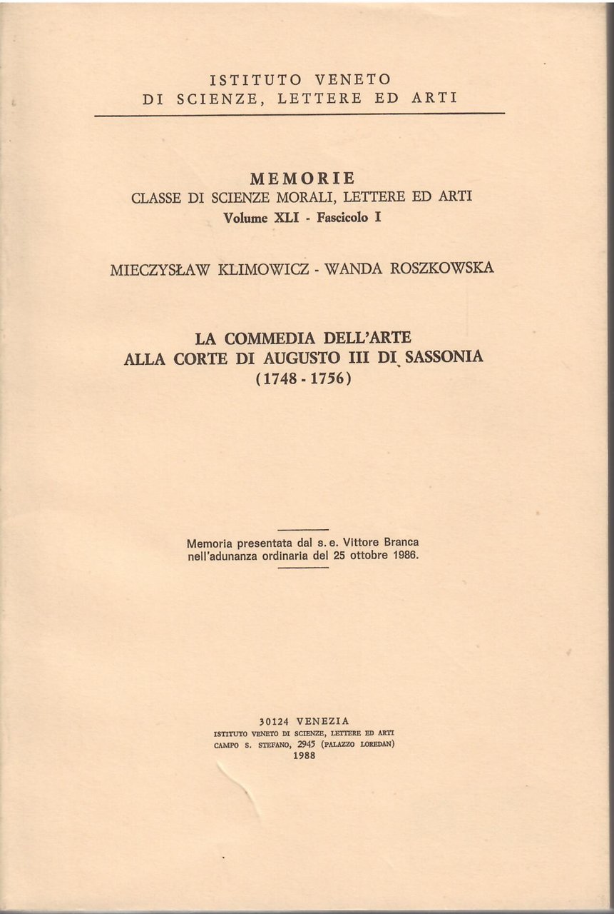 LA COMMEDIA DELL'ARTE ALLA CORTE DI AUGUSTO III DI SASSONI …