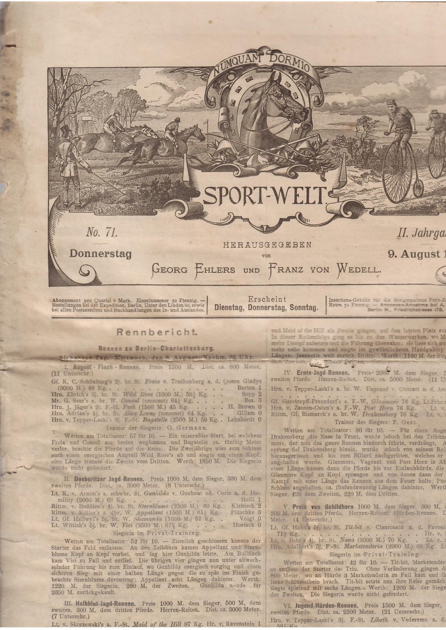 SPORT - WELT - NO 71 - 9 AGOSTO 1888