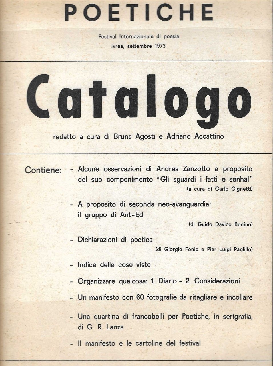 Poetiche Festival Internazionale di poesia Ivrea, Settembre 1973 Catalogo redatto …