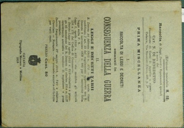 Raccolta di leggi e decreti emanati in conseguenza della guerra. …