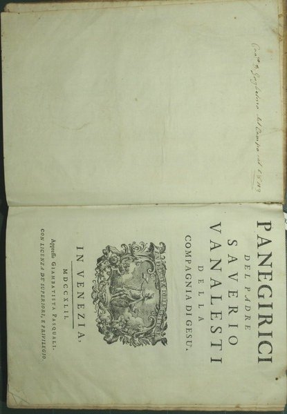 Panegirici del Padre Saverio Vanalesti della Compagnia di Gesù