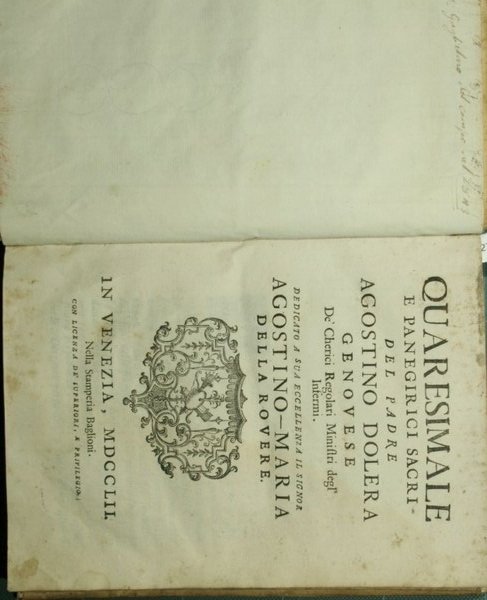 Quaresimale e panegirici sacri del Padre Agostino Dolera genovese