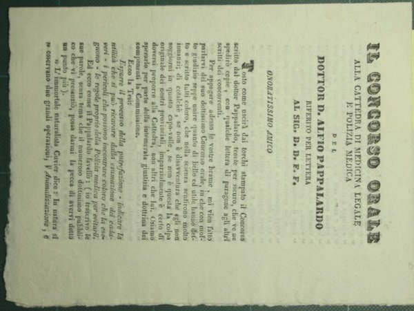 Il concorso orale alla cattedra di medicina legale e polizia medica del dottor D. Alfio Pappalardo riferito per lettera al sig. D.D.F.F.