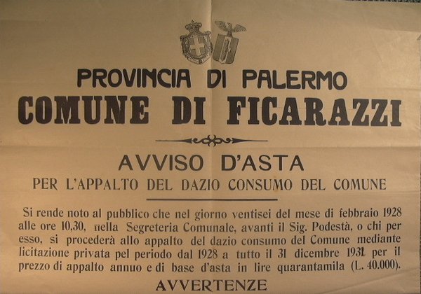 Provincia di Palermo - Comune di Ficarazzi - Avviso d'Asta per l'appalto del dazio consumo del comune