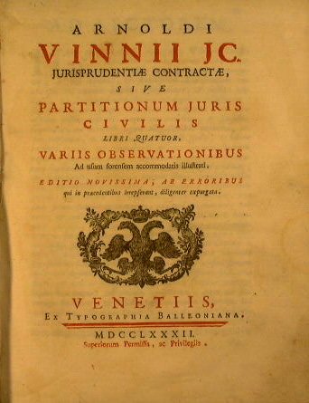 Arnoldi Vinnii JC. Jurisprudentiae contractae, sive partitionum juris civilis libri …