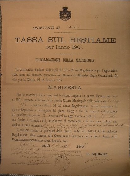 Bando Comune di Carini Tassa sul bestiame per l'anno 1903