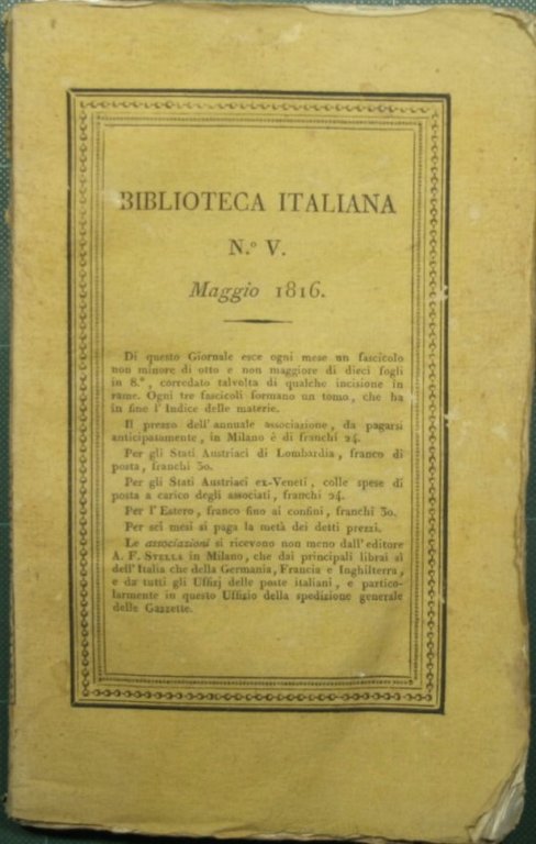 Biblioteca italiana ossia giornale di letteratura scienze ed arti compilato …
