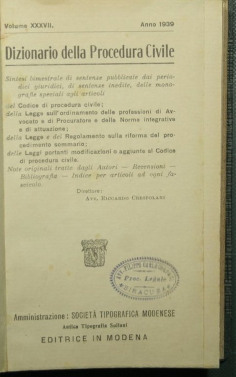 Dizionario della procedura civile - Vol. XXXVII, 1939