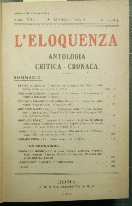 L'eloquenza - Anno XIII - 15 Giugno 1923/31 Marzo 1924- …