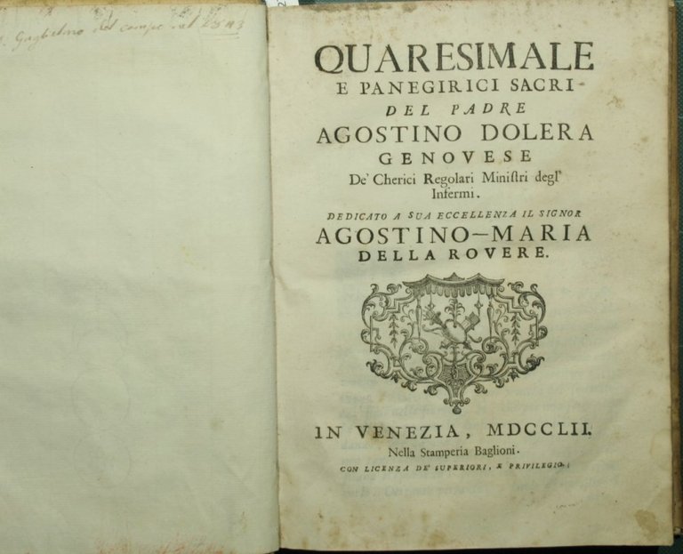 Quaresimale e panegirici sacri del Padre Agostino Dolera genovese