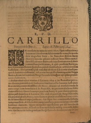 R. P. D. Carrillo, Bononein de Berois - Lunae 18. …