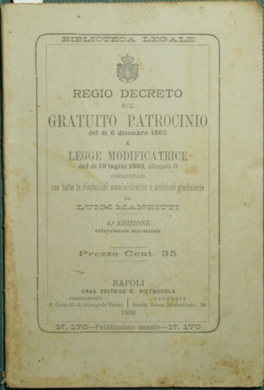 Regio decreto sul gratuito patrocinio del dì 6 dicembre 1865