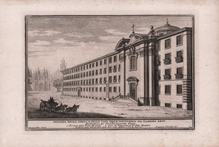 Facciata della Chiesa, e della Casa delle Convittrici del Bambino …