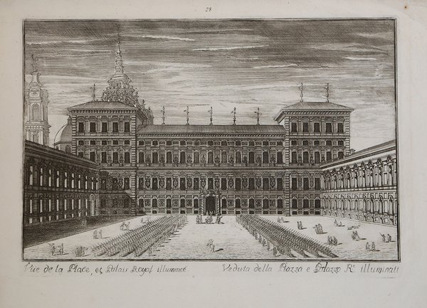 Vüe de la Place, et Pàlais Royal illumineè. / Veduta …