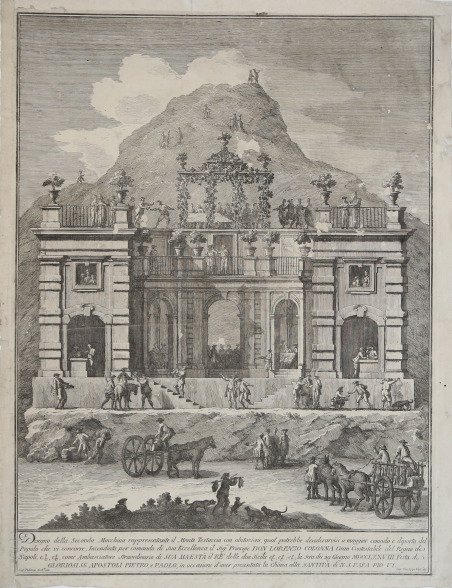 Disegno della Seconda Macchina rappresentante il Monte Testaccio con abitazione.