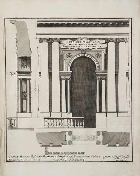 Pianta, Alzato, e Taglio del Finestrone e Ringhiera.