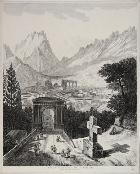 Arco di Augusto in Aosta - Veduta generale colle alpi