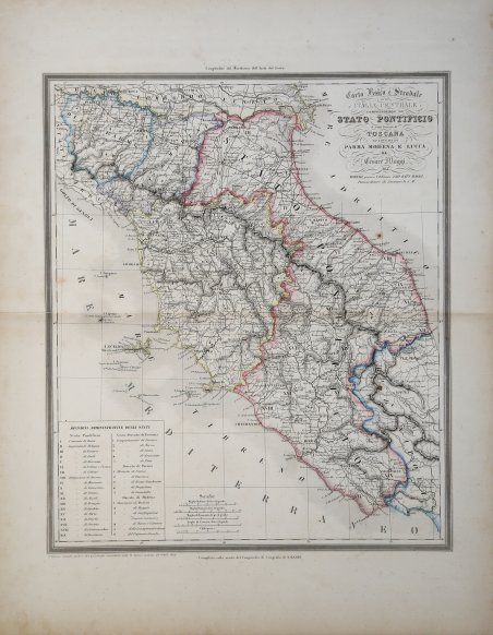 Carta Fisica e Stradale dell'Italia Centrale comprendendo lo Stato Pontificio.