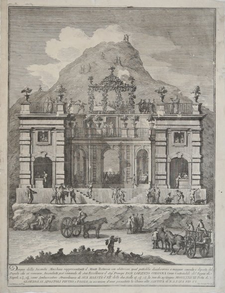 Disegno della Seconda Macchina rappresentante il Monte Testaccio con abitazione.