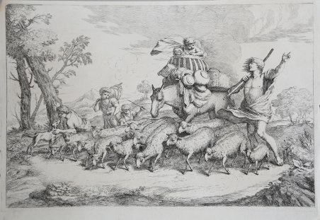 Gregge e pastori con il bambino nella cesta