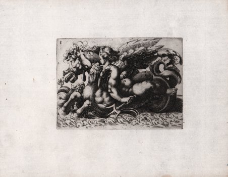 Lotta tra un putto e un cavallo marino