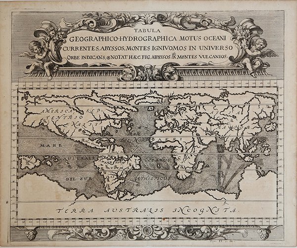 Tabula Geographico-Hydrographica Motus Oceani Currentes, Abyssos, Montes Ignivomos in Universo …