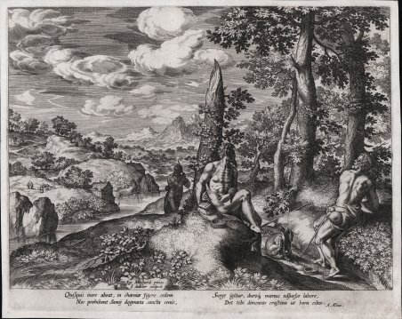 Paesaggio con tre uomini nudi ed un cane