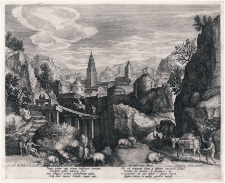 Paesaggio di montagna con città sullo sfondo