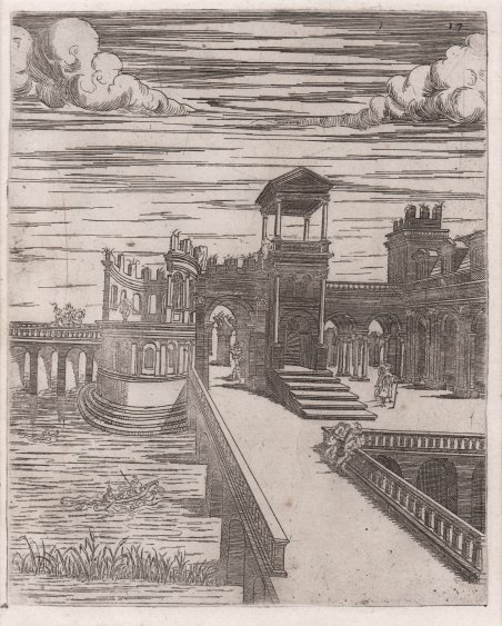 Palazzo sull'acqua con due ponti