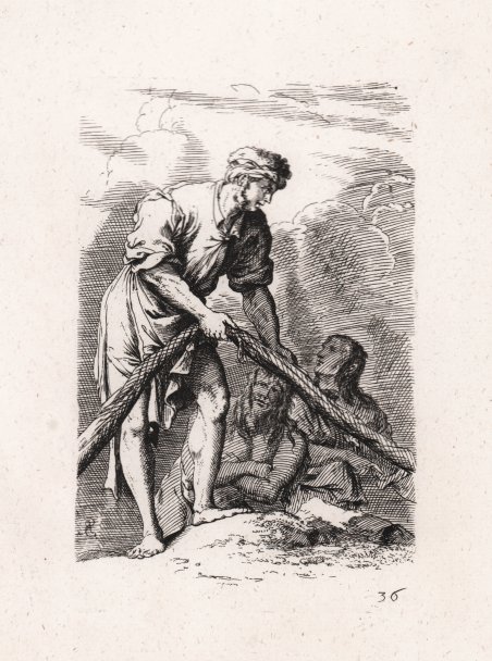 Uomo con rete da pesca e altre due figure