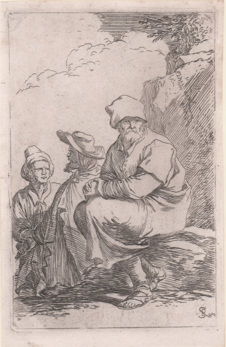 Vecchio seduto ai piedi di una roccia