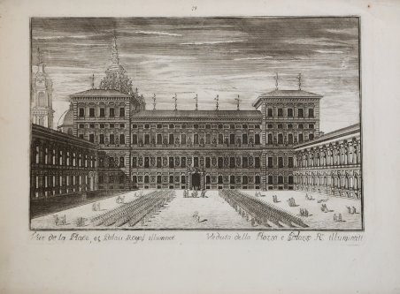 Vüe de la Place, et Pàlais Royal illumineè. / Veduta …